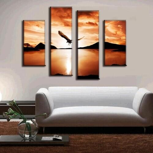 4 Pcs Modern Wall Paintings America Eagle Eagles fly over the sunset sea Canvas Prints Decorative Picture