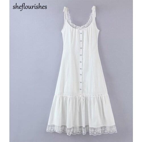 Vintage dress women sleeveless dresses summer midi dress lace patchwork dresses white u neck cotton dress party bandage vestidos