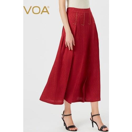 VOA Silk Jacquard Mid-waist Gold Line Symmetrical Jersey Pleated Hips Festive Low-key Dark Red Large Swing Dress CE9