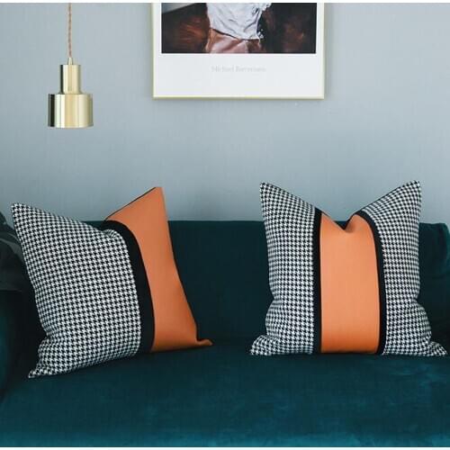 High Quality Orange PU Leather Cushion Cover Pillowcase Waist Pillow Cushion Cover Black White Houndstooth Throw Pillow Cover