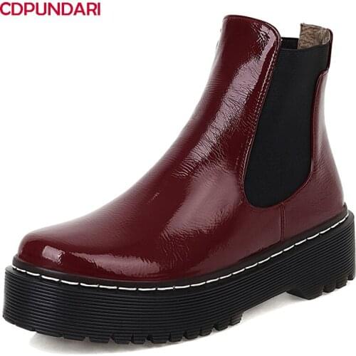 Women Flat Ankle Chelsea Boots Ladies Autumn Winter Chunky Platform Casual Short Boots Shoes Bottes Plateforme Femme Black Red