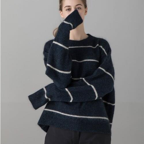 Autumn Winter Womens O-Neck Striped Knitted Sweater Long Sleeve Lady Long Sleeve Knitwear Pullover Top Female Casual Jumpers