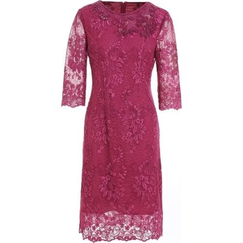 Gowani Woman Dress Simple Elegant Floral Beading Fitted Fuchsia Lace Evening Dress for Party