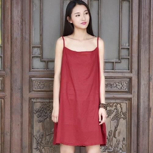 Women Summer Spaghetti Strap Dress Solid Color Retro Dress Ladies Simple Dress