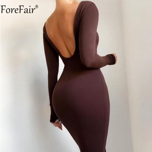 Forefair 2021 O Neck Backless Bodycon Dress Women Midi Long Sleeve Party Dresses Club Black Casual Basic Autumn Winter Ladies