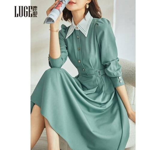 2021 autumn new style temperament close waist big swing shirt skirt elegant bubble sleeve green dress female