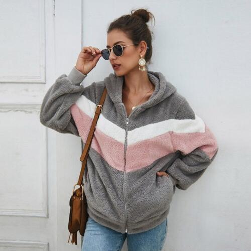 2019 New Female Jacket Warm Stitching Plush Hat Collar Long Sleeve Zipper Casual Winter Autumn Sweater Plus Size Loose Cardigan