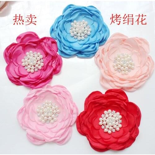 30pcs Newest DIY Handmade Satin Flower Matching Pearls rhinestone Layered Flower Hair Accessory
