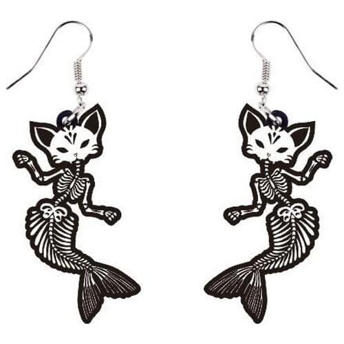 Acrylic Printed Halloween Gray Black Cat Mermaid Tail Earrings