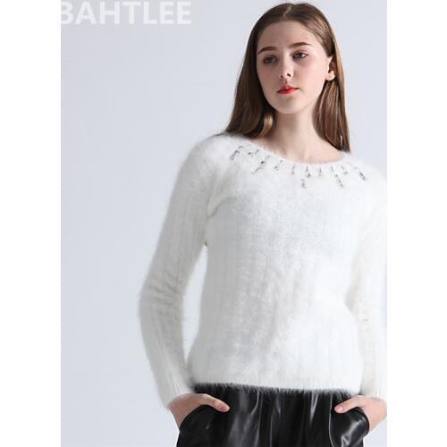 BAHTLEE Autumn Winter Women Angora Jumper Long Sleeve Knitted Stripes Pullovers Sweater Keep Warm Handwork Diamond White