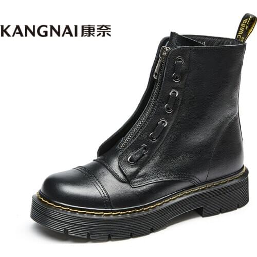 KANGNAI Ankle Boots Women Genuine Leather High Top Zipper Lady Winter Warm Shoes Chunky Platform Motorcycle Boots