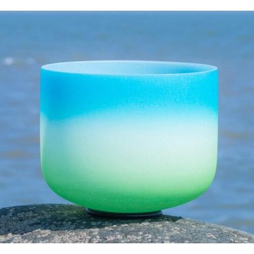 8Inch F Note Throat Chakra Blue and Green colored Quartz Crystal Singing Bowl Candy Color