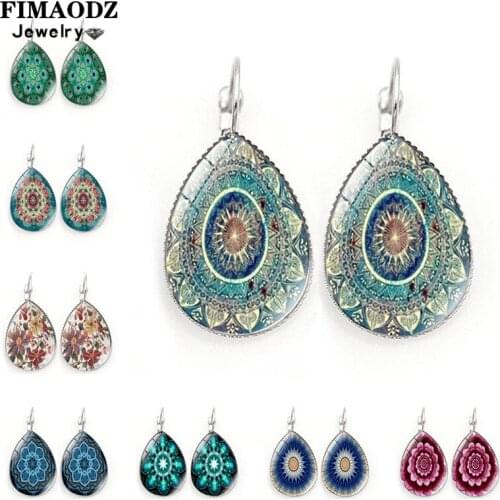 FIMAODZ Mandala Earrings for Lady Female Flower of Life Peacock Feather Glass Gem Tear Drop Earring Henna Yoga Jewelry