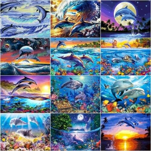 CHENISTORY Oil Paint By Number Dolphin On Canvas Diy Handpainted Gift Pictures Animal Wall Art Home Decoration 60x75cm