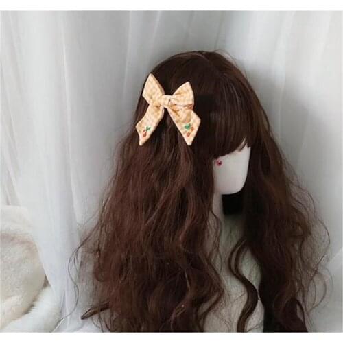 Lolita Cherry Embroidery Plaid JK Bowknot Hair Clip Girls Headwear Princess Hair accessories B1352