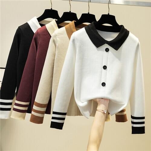 2021 New Slim And Color Matching Long Sleeve Knitted Top Baby Collar Short Sweater