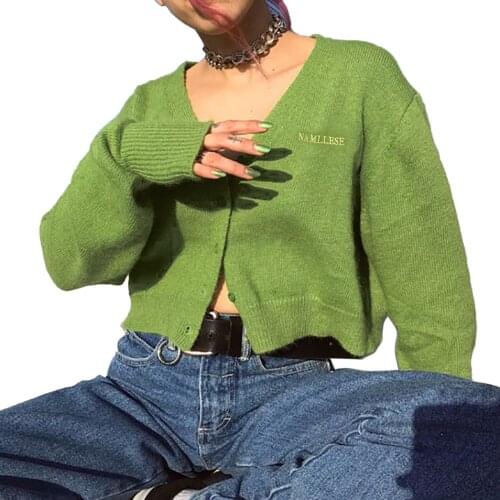 Hirigin New Women Sweater Casual Long Sleeve Cardigan Fashion Letter Embroidery V Neck Single-breasted Knitted Coat Autumn