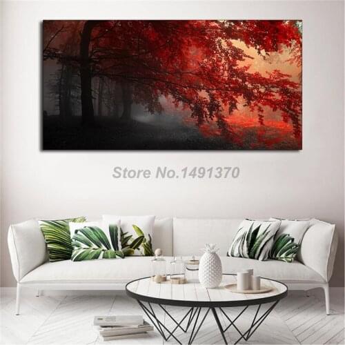 Autumn On Dark Forest Painting Red Tree Nature Landscape Posters And Prints Decorative Wall Art Pictures For Living Room Home