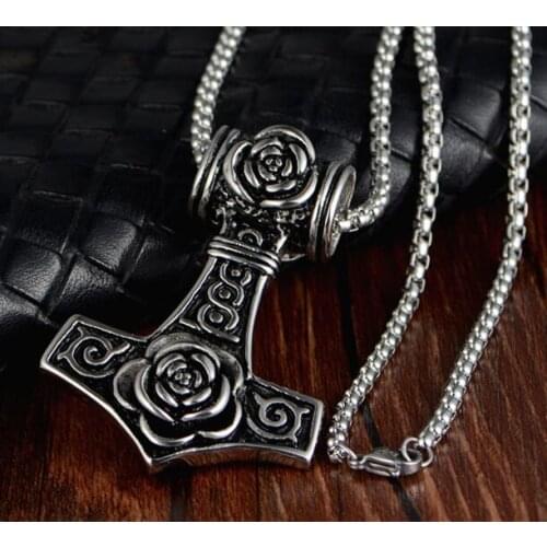 For Mens Jewelry Stainless steel 4MM 24 INCH BOX CHAIN Necklace thunder hammer rose flower pendant large 58*42mm