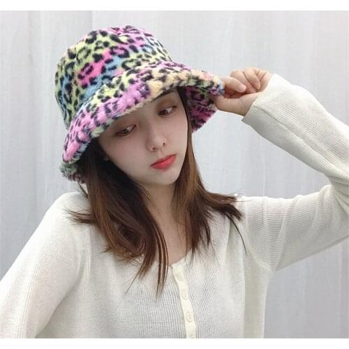 Fashion Winter Leopard Faux Fur Bucket Hats For Women Tie Dye Plush velvet Warm Panama Colorful Fuzzy Fisherman Bob Hats