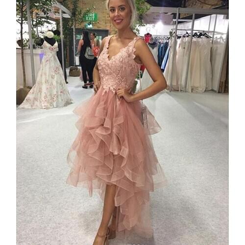 Sexy Cocktail Dresses A Line Sweetheart High Low Homecoming Dresses Light Pink Tiered Tulle Lace Top Sexy Prom Party Dresses