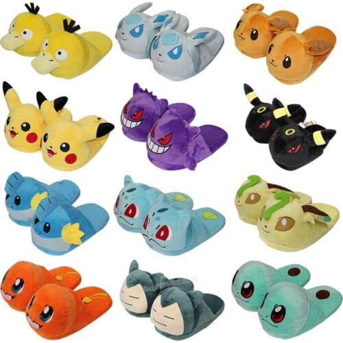 Pokemon Plush Slippers Half Pack Ibrahimovic Squirtle Charmander Plush Warm Shoes Pikachu Pet Elf Winter Sliders Teens Gifts