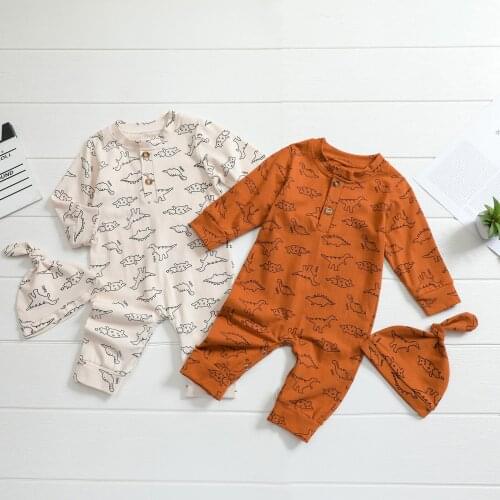 FOCUSNORM 0-24M Infant Baby Boys Girls Casual Jumpsuit with Hat Cartoon Dinosaur Printing Long Sleeve Autumn Rompers