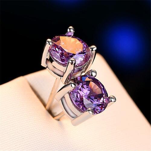 Luxury Female 8mm Round Purple Amethyst Stone Earrings Sterling Silver Wedding Earrings For Women Vintage Double Stud Earrings