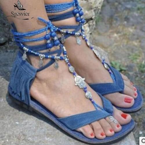 Sgesvier Women Sandals Gladiator Summer Casual Beach Women Shoes Rome Flat Sandals Lace-Up Beach Comfortable Sandals Women