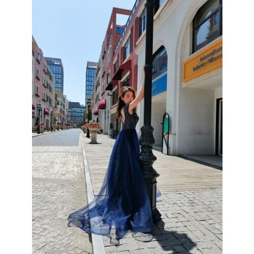 Navy Blue Gowns Deep-V-Neck Sexy Fashion Ladies Bling A-Line Eveningdress Luxury Dress For Women Wedding Party