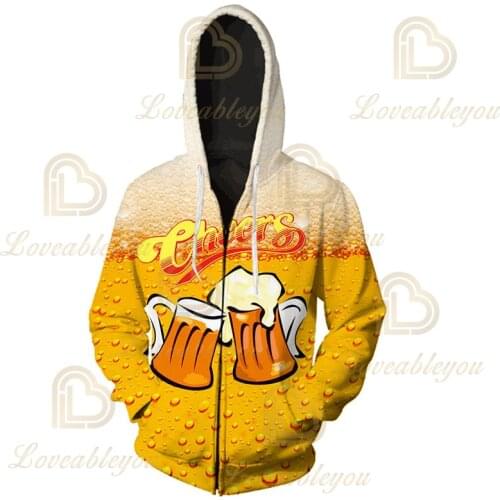 3d Print Funny Beer Hoodie Fashion Men Women Zipper Hoodies Jackets Casual Long Sleeve 3D Hooded Sweatshirt Tracksuit Top