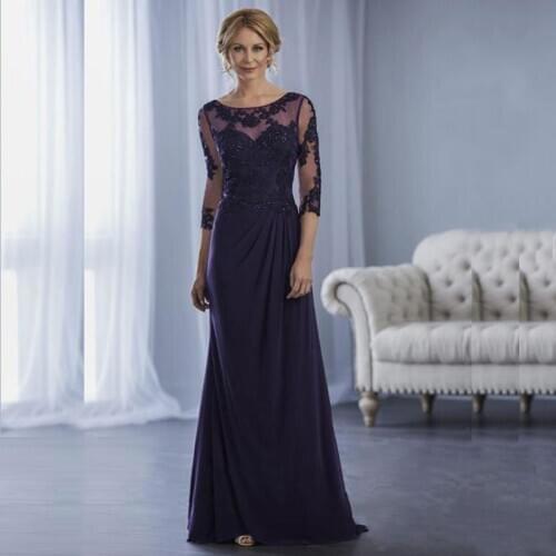 Gorgeous Dark Purple Chiffon Lace Applique Mother of the Bride Gowns Boat Neck Three Quarter Sleeve Wedding Party Gowns Back Out