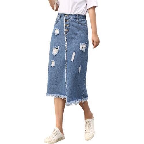 Women Summer Oversized Skirt Korean Style Fat Mm Hole Ripped Midi Denim Skirt Women Casual Tassels Plus Size Cotton Denim Skirts