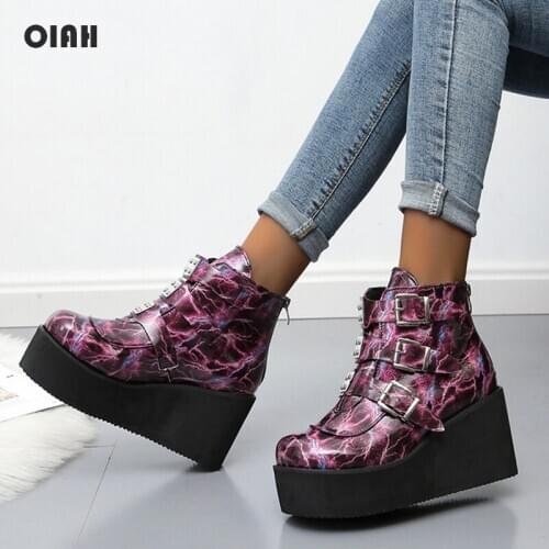 OIAH Women Ankle Creeper Boots Platform Metal Decoration Back Zipper Round Toe Print Punk Style Footwear Thick Heel Lady Shoes