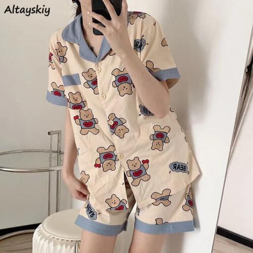 Women Pajama Sets Cartoon Kawaii Students Summer Sleepwear Button-up Short Sleeve Shorts Loose Cute Comfy Sweet Loungwear Trendy