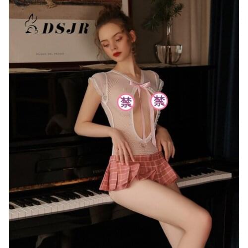 Porno Sexy Gauze Perspective Temptation Plaid Skirt Schoolgirl Cosplay Uniform Set School Classroom Roleplay Costume for Women