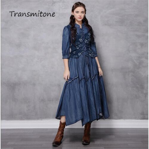 Women Cotton Dress 2020 Spring Denim Womens Dresses Stand Collar Floral Half Sleeve Dress 82199 Vintage Embroidery Vestidos