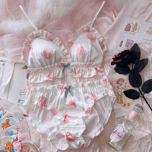 Girly Japanese Sweet Teen Cute Underwear Set Small Fresh Peach Print No Steel Ring Wave Selvedge Bra & Bows Girly Panties