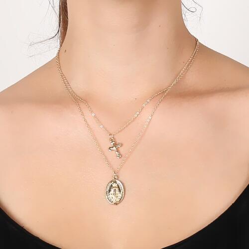 2019 Hot Sale Religious Jewelry Double Layer Madonna Holy Mother Cross Pendant Women Necklace Clavicular Chain Best Gift New