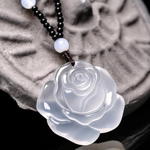 Women Rose Flower Necklace White ICE Chalcedony Aagate Rose Flower Pendant Free Chain Gift for Womens Sweater Chain Jewelry
