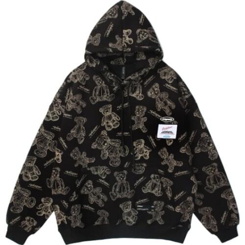 2021 Korean Fashion Full Bear Printed Cotton Fleece Mens Hip Hop Hoodies Pullover Casual Kpop Women Harajuku Hooded Sweatshirts