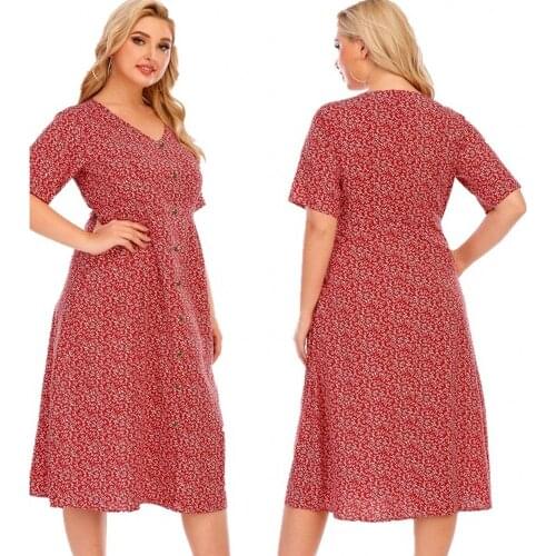 3XL 4XL 5XL Plus Size Women Red Dress 2021 Summer Casual Pocket Button V-neck Printed Short Sleeve Dress Knee Length Robe Female
