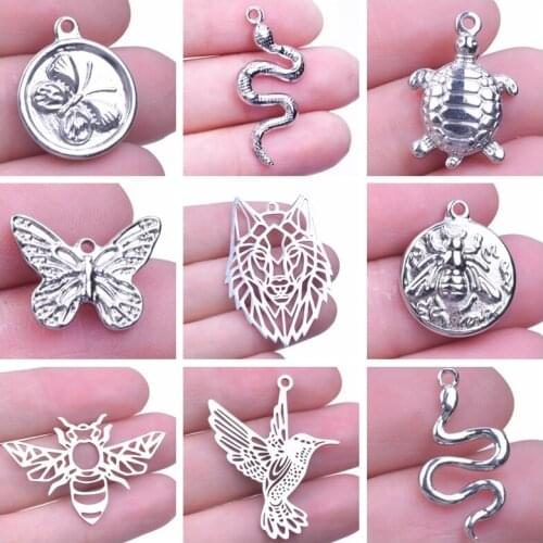5pcs Animal Series Stainless Steel Snake Butterfly Charms For Jewelry Making Necklace Bracelet Pendant Wolf Accessories Handmade
