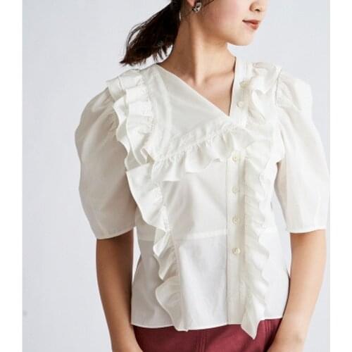 Irregular Single Breasted Ruffles Patchwork Design Women Blouses Fashion Elegant Puff Sleeve Shirt Summer Sweet Chic Blusas