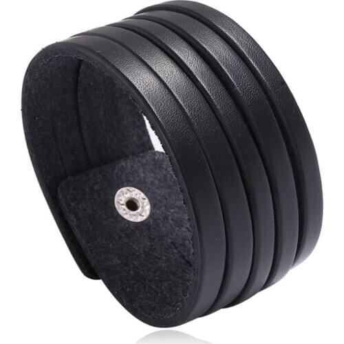 Fashion Casual Black Women Men Bracelet Cuff Biker Wide Genuine Leather Simple Charm Bangle Unisex Wristbands Retro Punk Jewelry