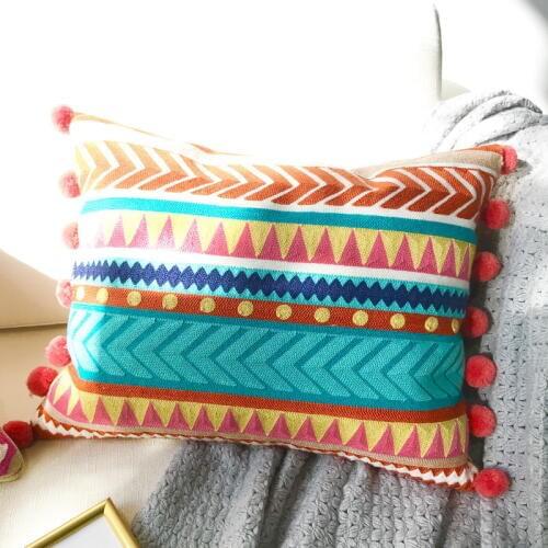 DUNXDECO Cushion Cover Decorative Pillow Case Moroccan Style Colorful Orange Blue Geometric Cotton Thread Embroidery Coussin