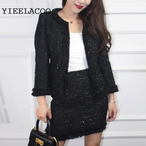Black tweed jacket + skirts suit advanced custom spring /autumn /winter womens jacket ladies 2 pieces skirt suit