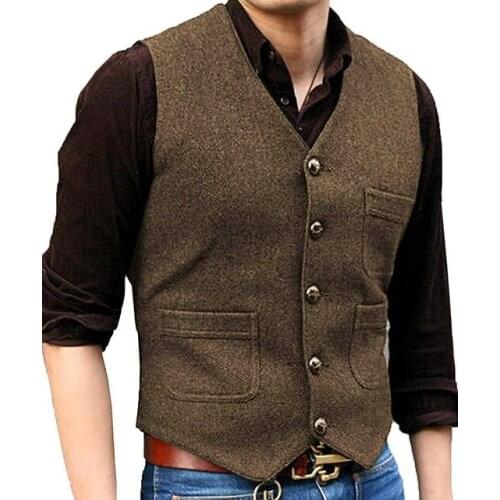 Mens Suit Formal V Neck Wool Herringbone Tweed Casual Waistcoat Formal Business Vest Groom man For Wedding Green/Black/Brown