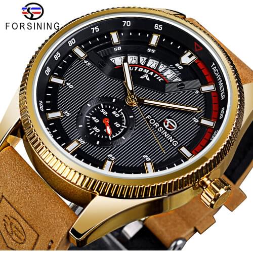Forsining Automatic Mens Mechanical Watch Genuine Leather Military Watches Black Dial Analog Wristwatch For Men Date Display