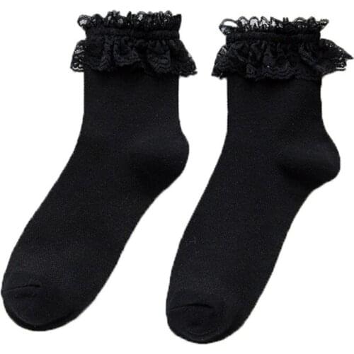 Japanese Lolita Style Lovely Mesh Short Crew Socks Harajuku Sweet Ruffled Lace Frilly Hollow Retro Cotton Mid Calf Hosiery for W